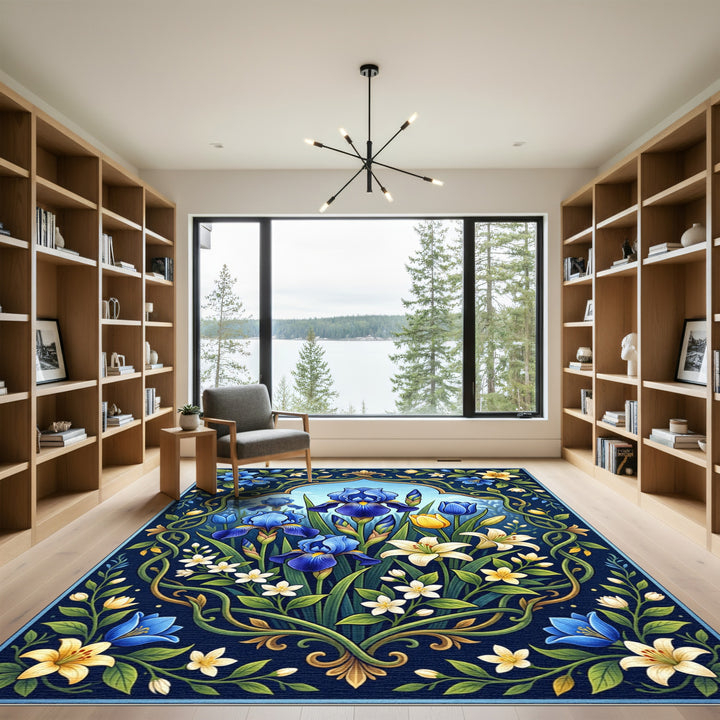Deep Blue Iris Lily Garden Frame Rug