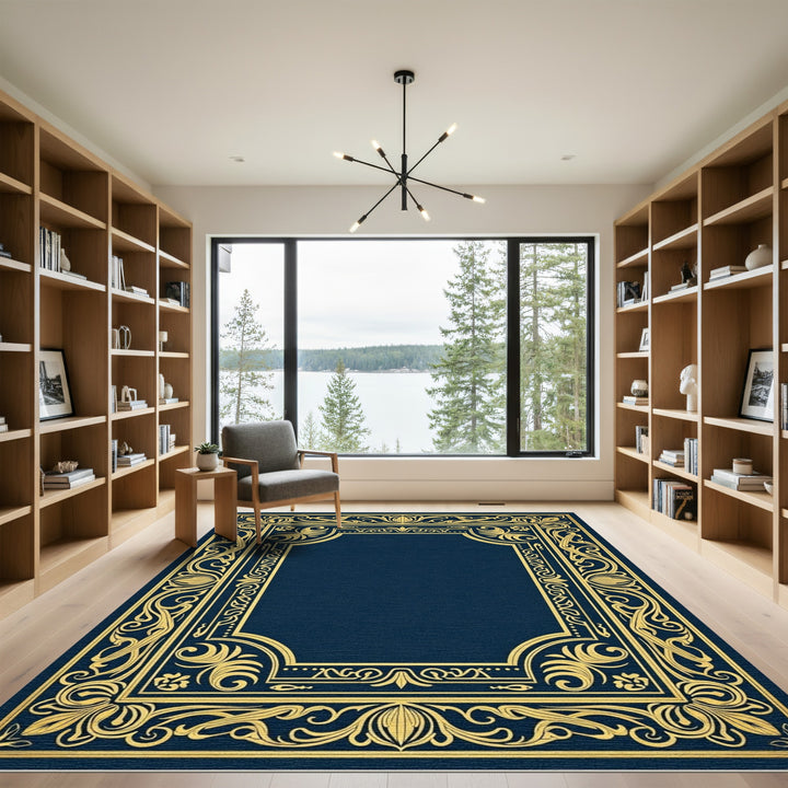 Elegant Gold Baroque Floral Frame Rug