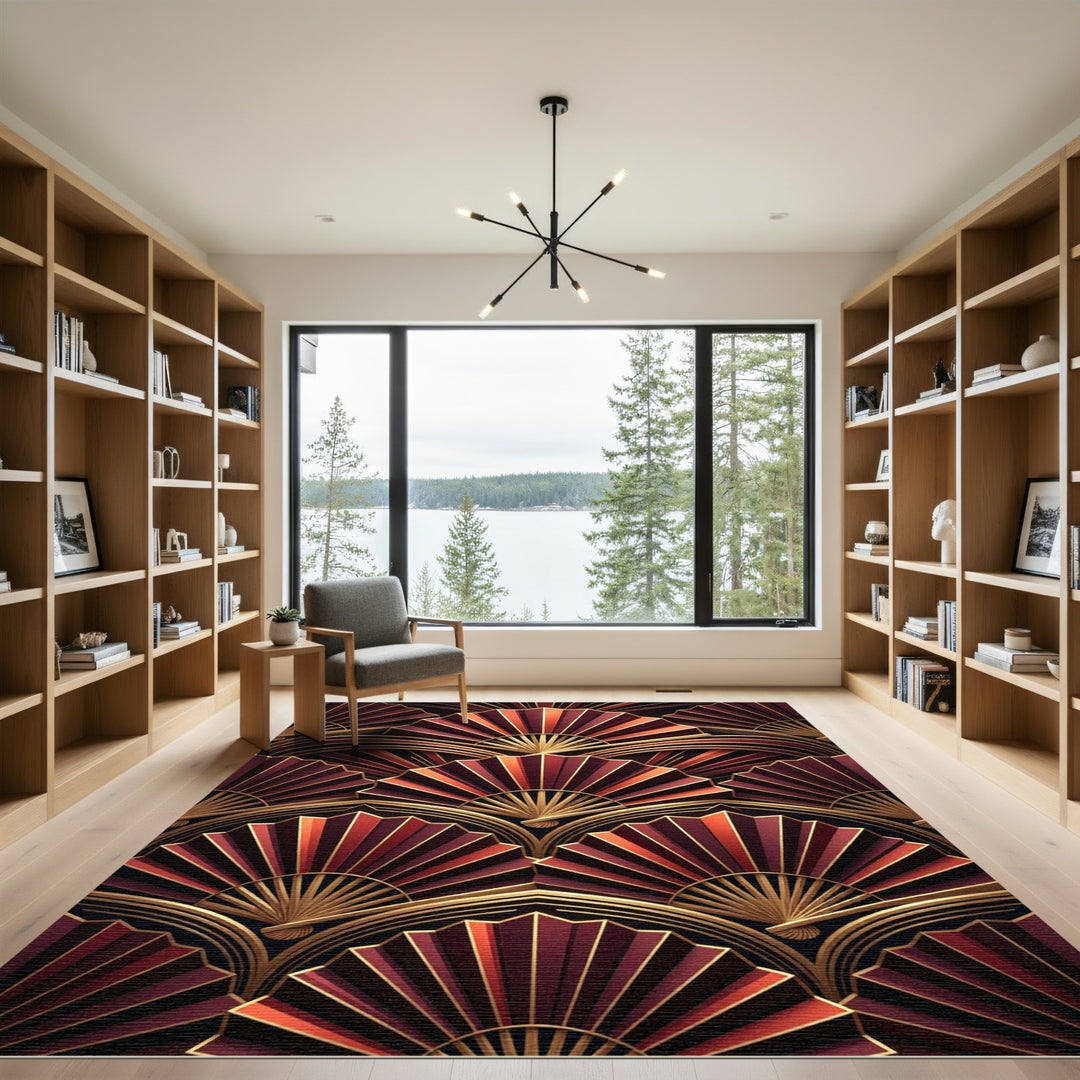 Crimson Gold Fan Art Deco Rug