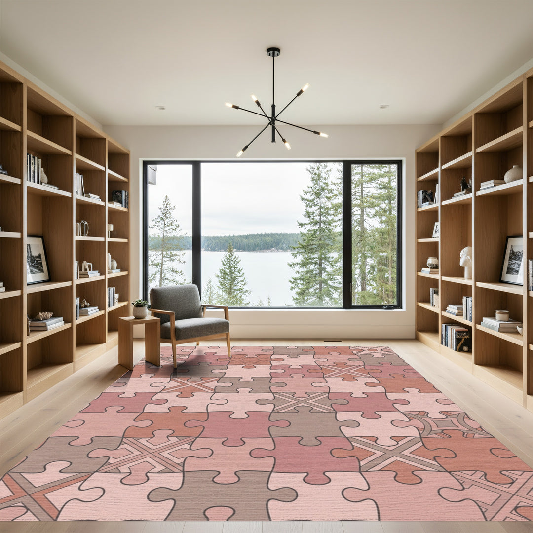 Warm Puzzle Piece Geometric Medallion Rug