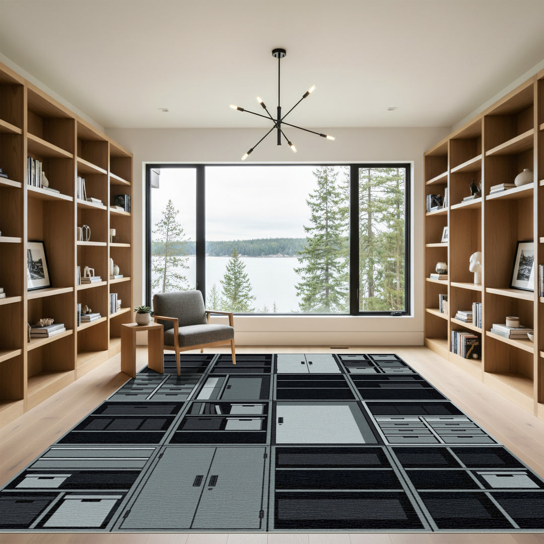Cool Gray Geometric Storage Shelves Rug