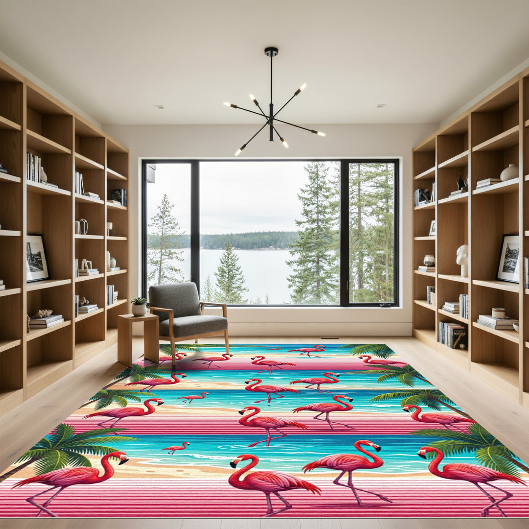 Tropical Pink Flamingos Beach Stripe Rug