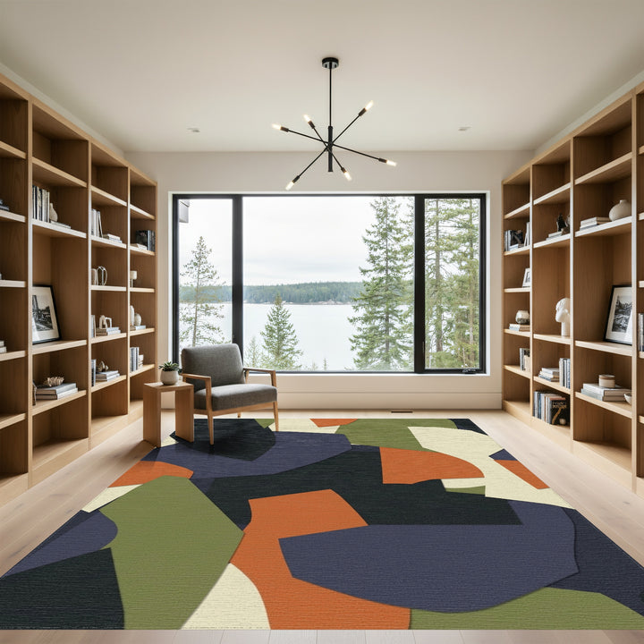 Abstract Ochre Olive Geometric Layered Rug