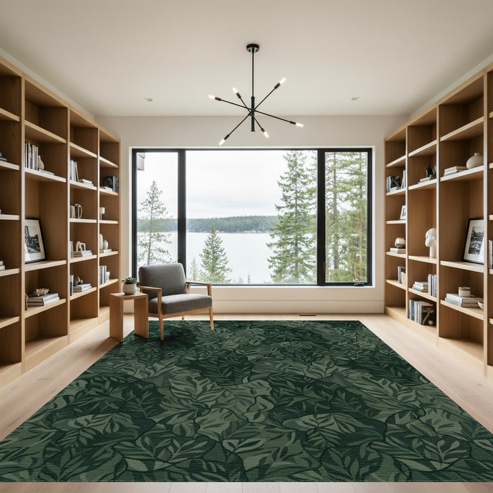 Dark Green Overlapping Leaf Collage Rug