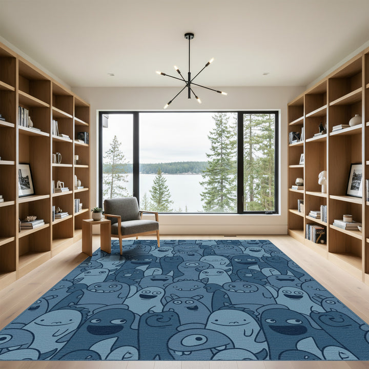 Whimsical Blue Monster Crowd Comical Art Rug