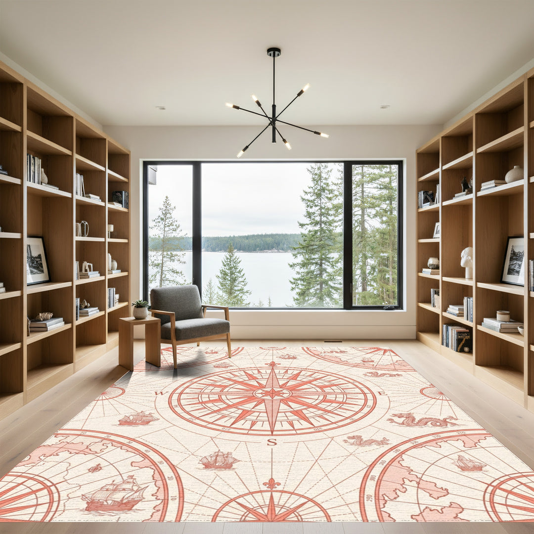 Coral Nautical Compass Ship Dragon Map Rug