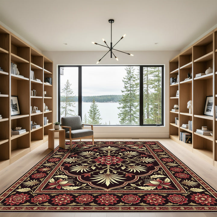 Dark Red Golden Floral Arch Rug