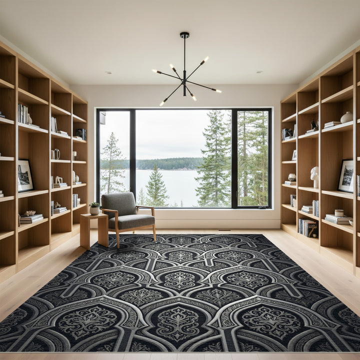 Intricate Silver Arabesque Arch Fabric Rug