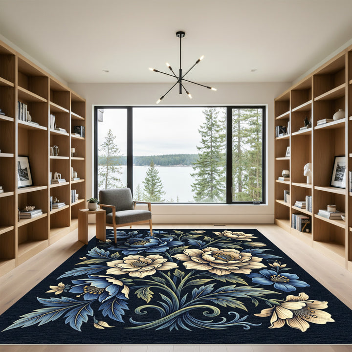 Dark Blue Cream Floral Botanical Accents Rug