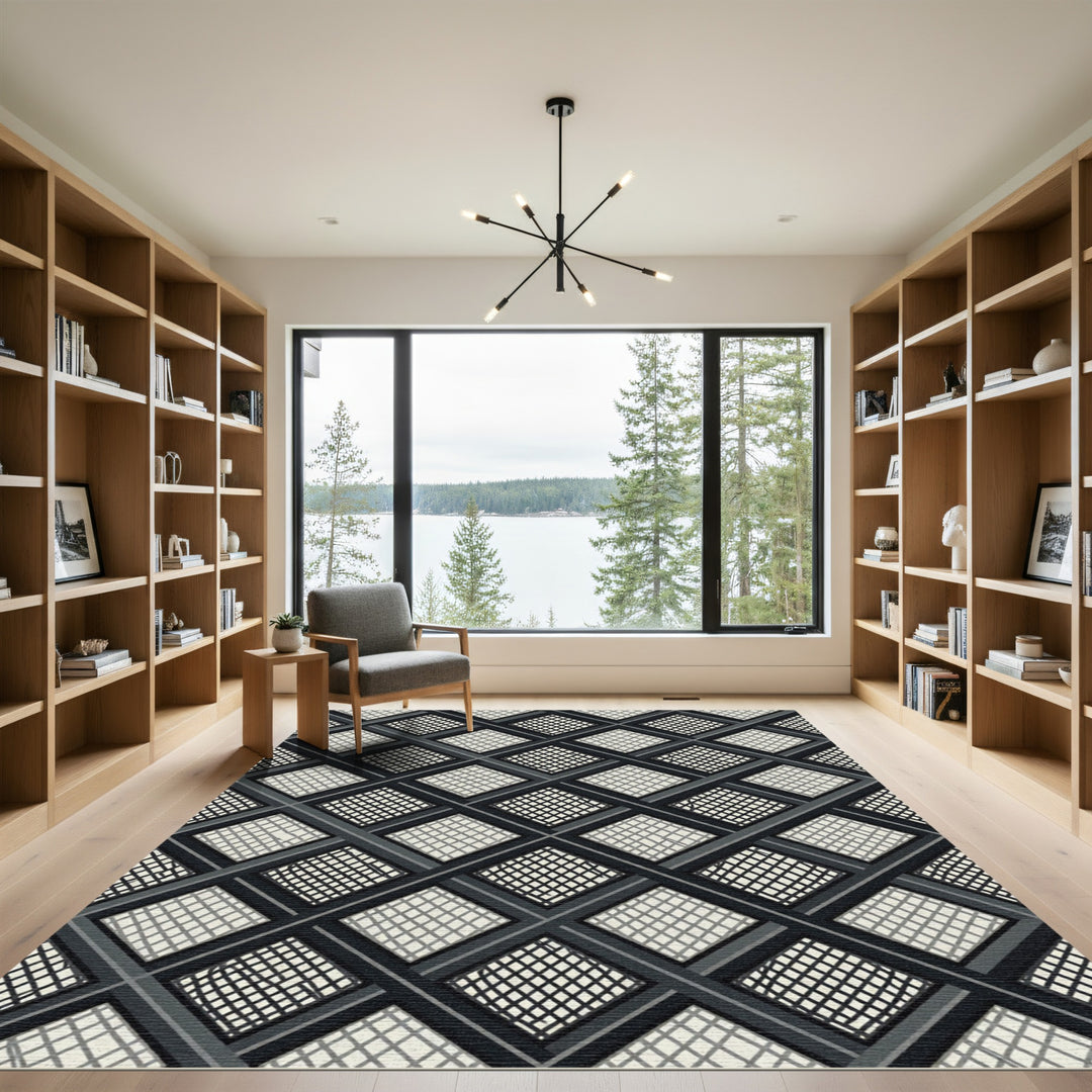 Dark Charcoal Gray Intersecting Diamond Rug