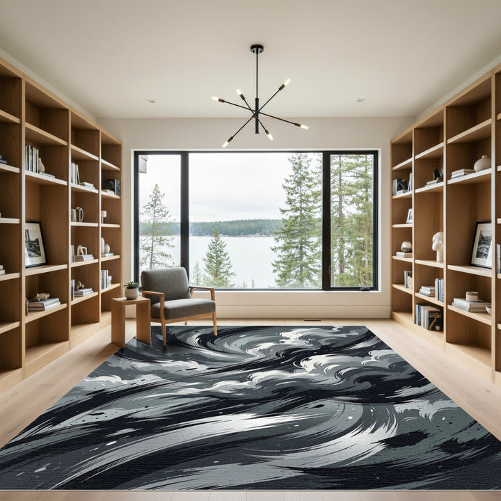 Dramatic Black White Swirl Cloud Rug