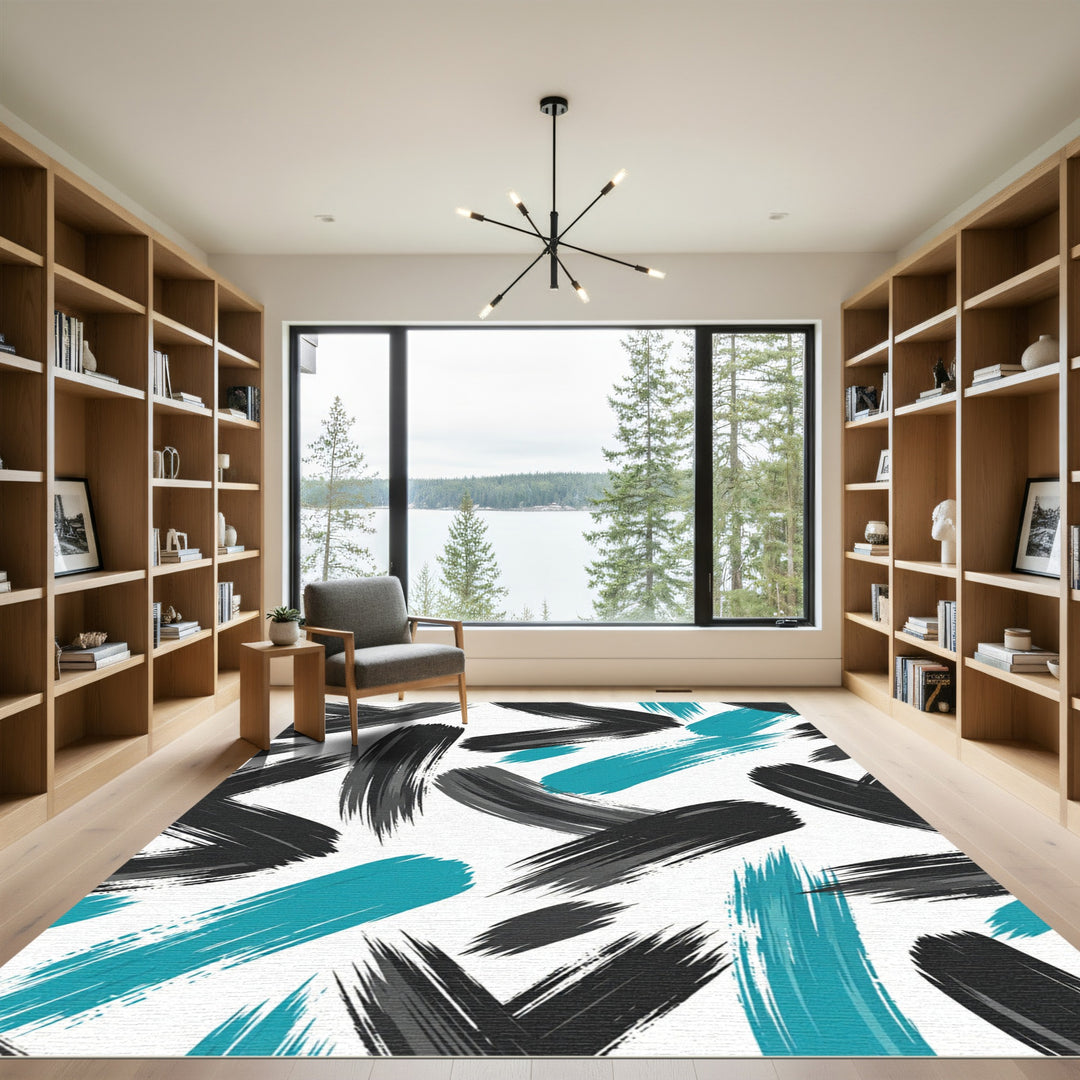 Black Teal Brush Stroke Texture Rug
