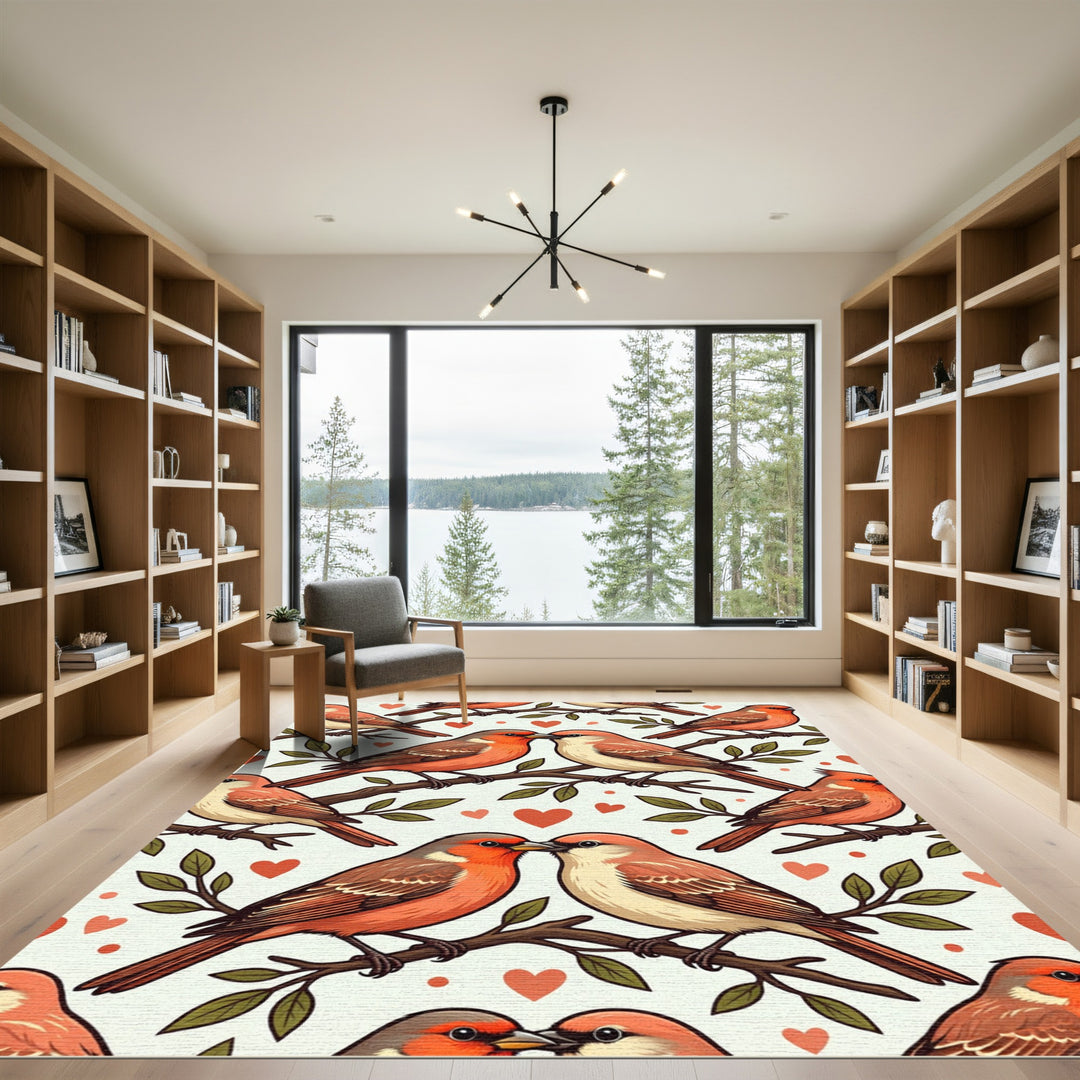 Charming Coral Birds Valentine Branches Rug