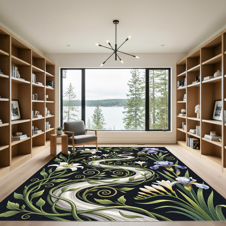 White Lily Iris Floral River Rug