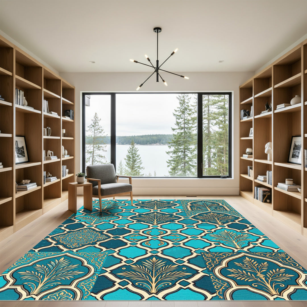 Teal Gold Quatrafoil Arabesque Medallion Rug