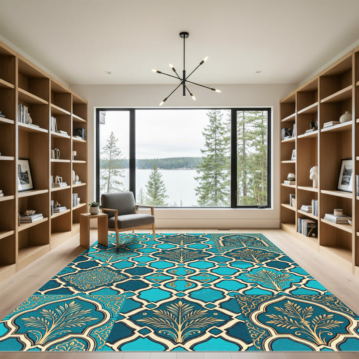 Teal Gold Quatrafoil Arabesque Medallion Rug