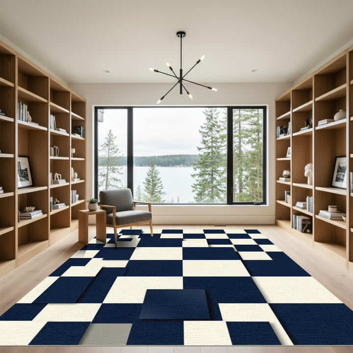Deep Blue Cream Checkerboard Overlap Rug