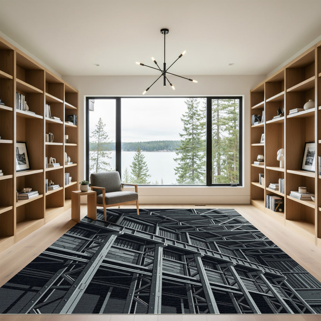 Industrial Gray Steel Warehouse Structure Rug