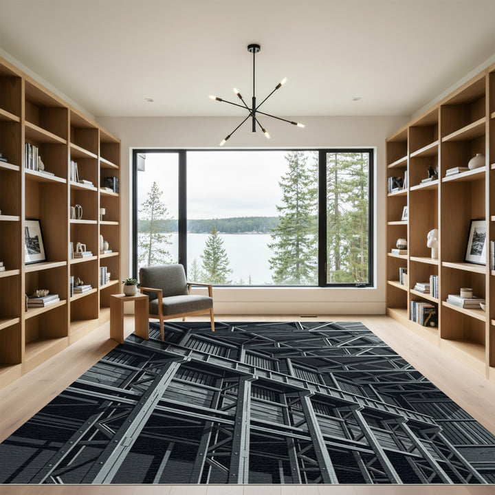 Industrial Gray Steel Warehouse Structure Rug
