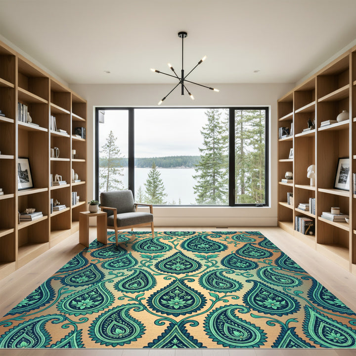 Teal Paisley Floral Garden Rug