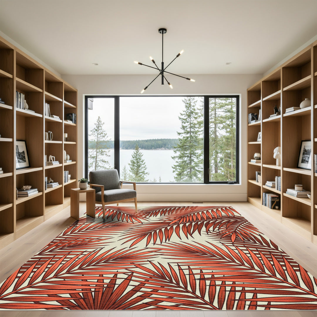 Coral Tropical Palm Fronds Rug