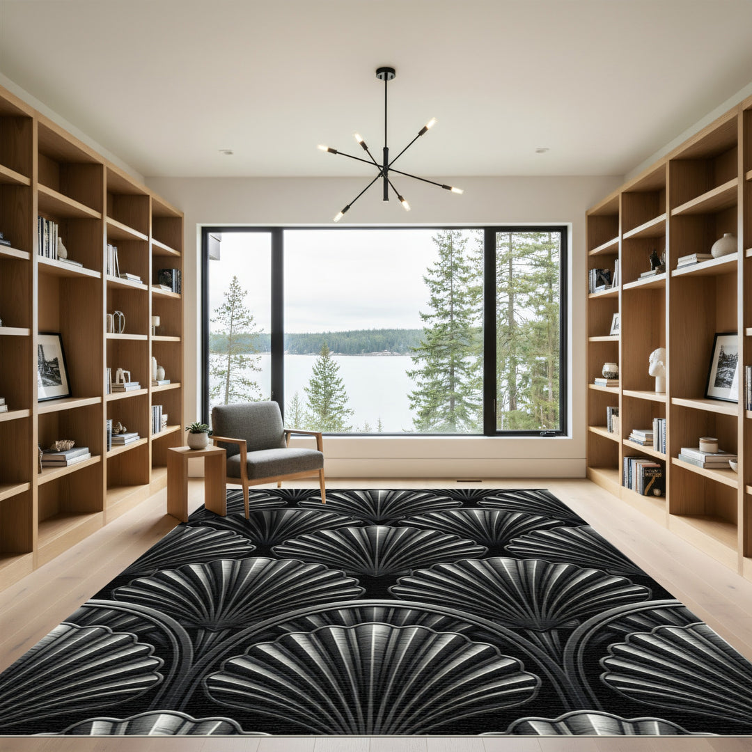 Art Deco Black Silver Fan Rug