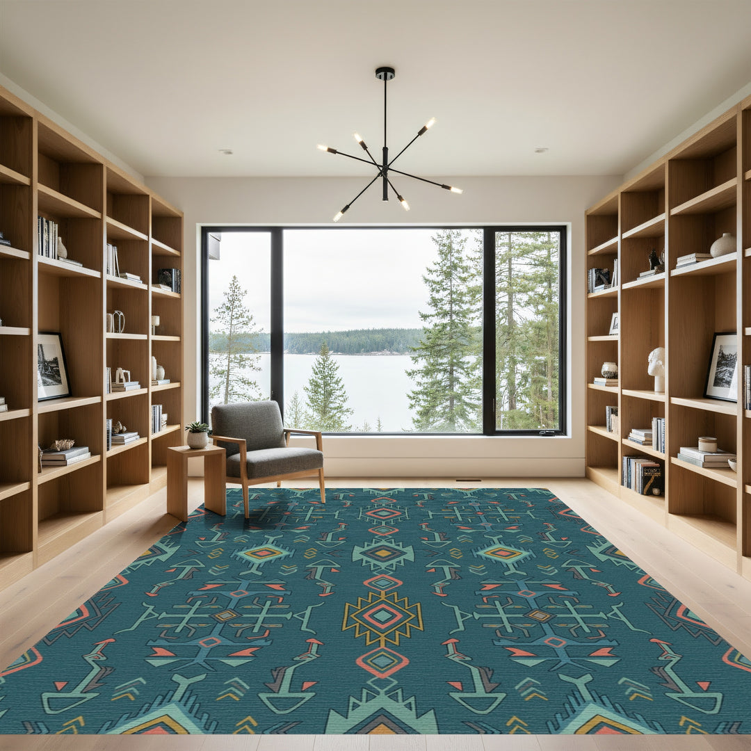 Teal Teal Geometric Tribal Diamond Rug