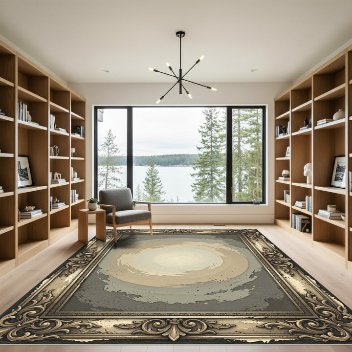Ornate Golden Swirl Abstract Rug