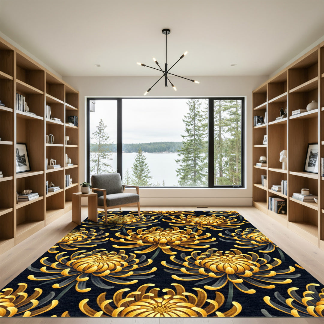 Golden Chrysanthemum Floral Rug