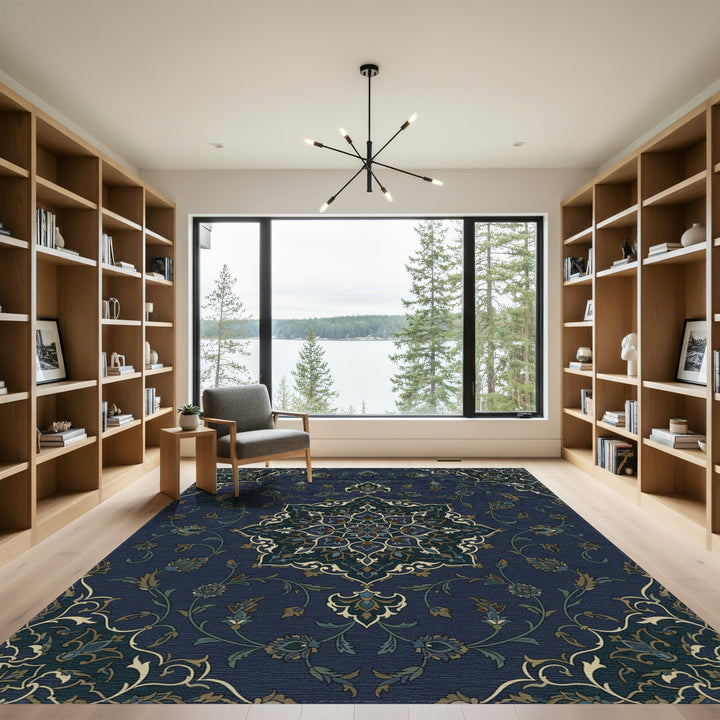 Midnight Blue Floral Medallion Overlay Rug