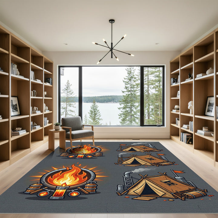 Cozy Campfire And Tent Illustration Rug