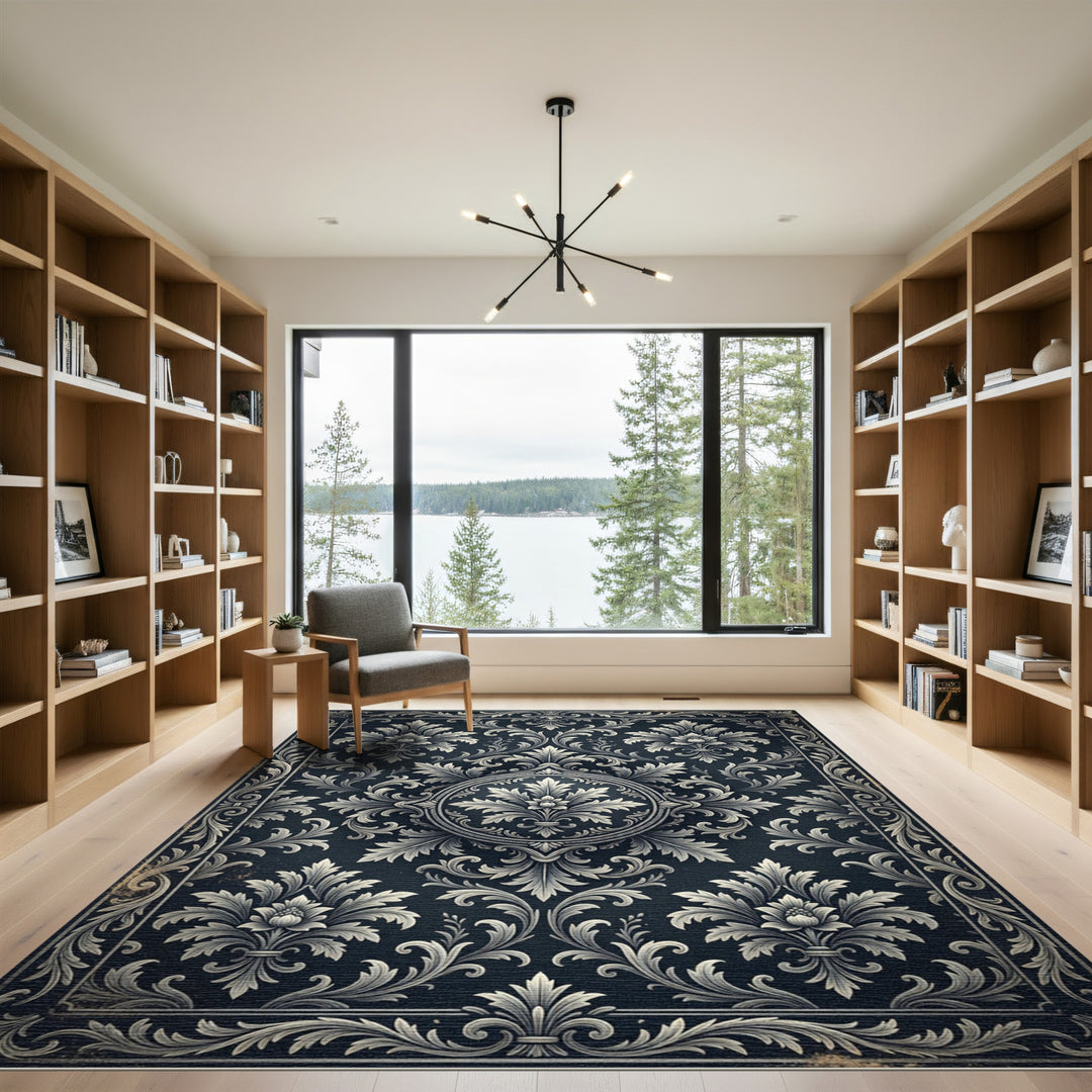Ornate Black Floral Damask Rug