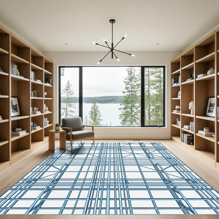 Blue Geometric Wireframe Structure Rug