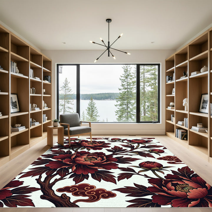 Deep Red Peony Blossom Brocade Rug