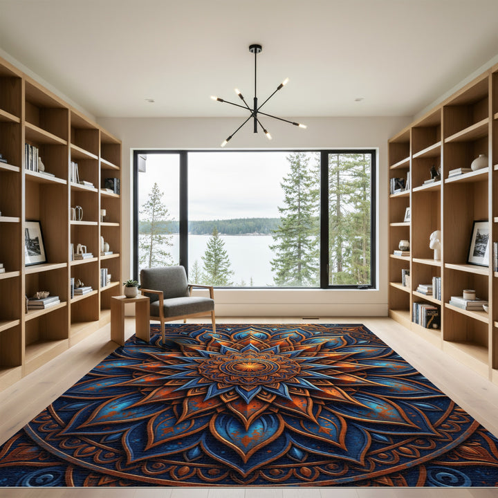 Blue Orange Floral Medallion Mandala Rug