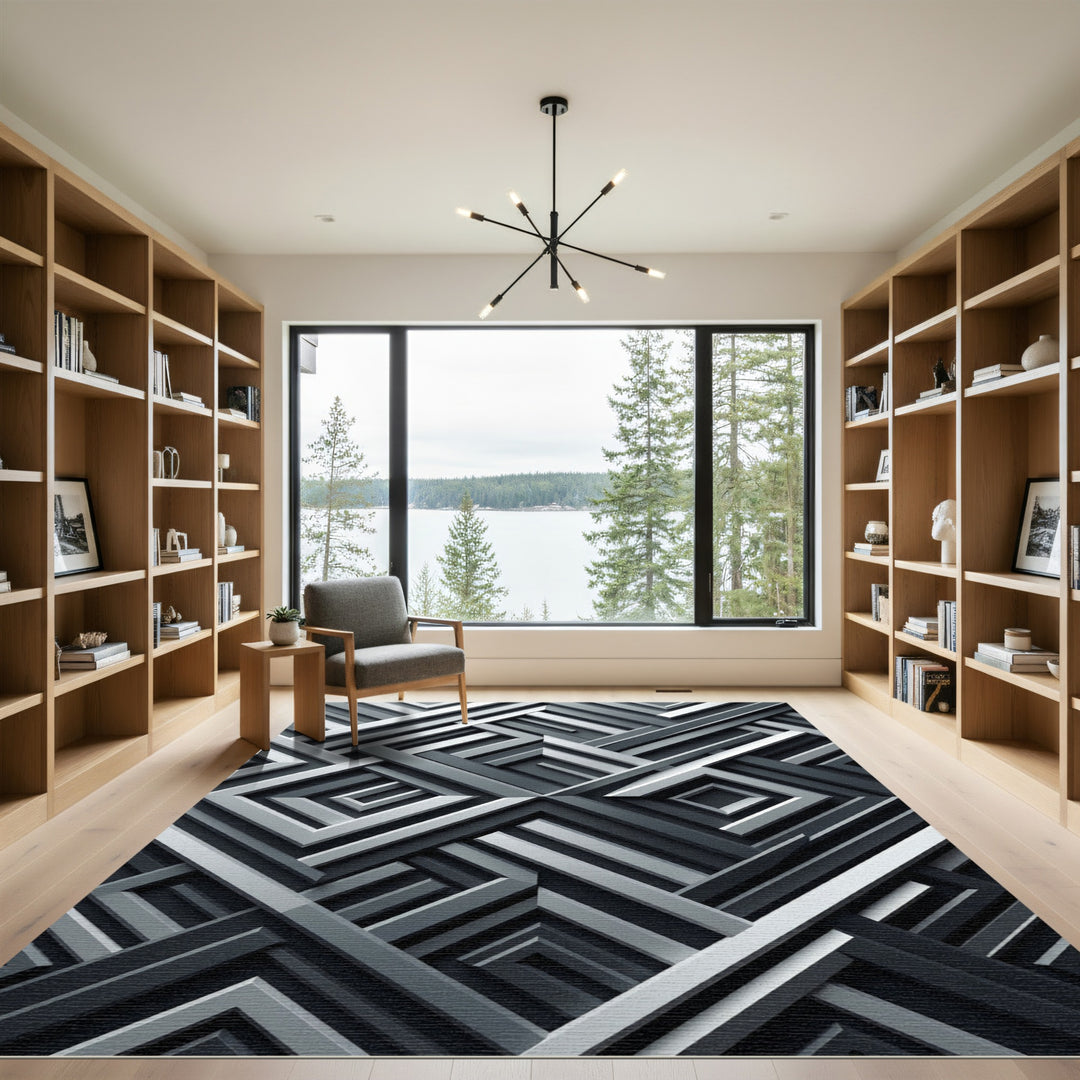 Charcoal Silver Interlocking Geometric Square Rug