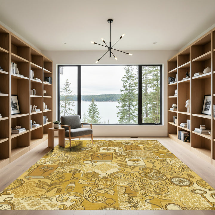 Vintage Golden Botanical Science Collage Rug