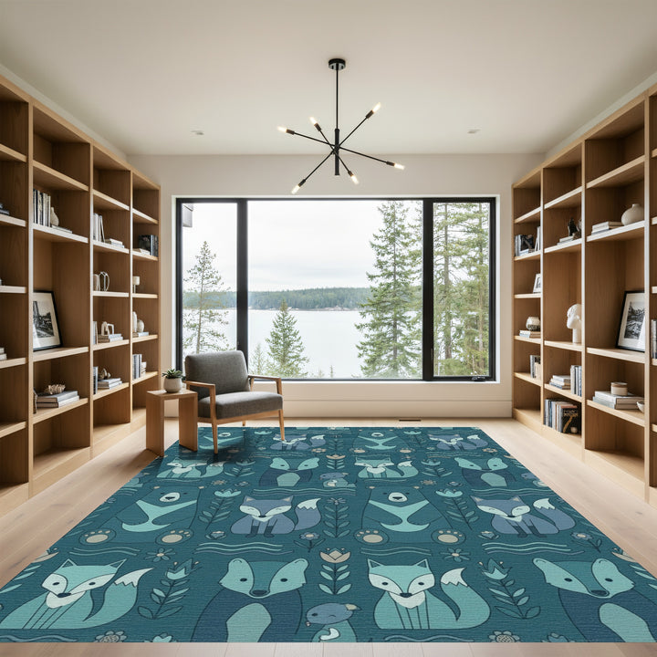 Teal Forest Animals Woodland Whimsical Rug