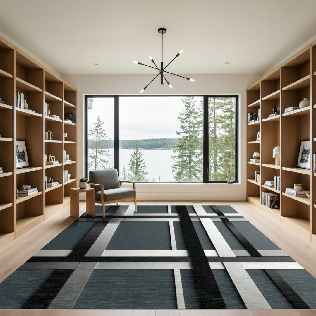 Black White Gray Intersecting Lines Rug