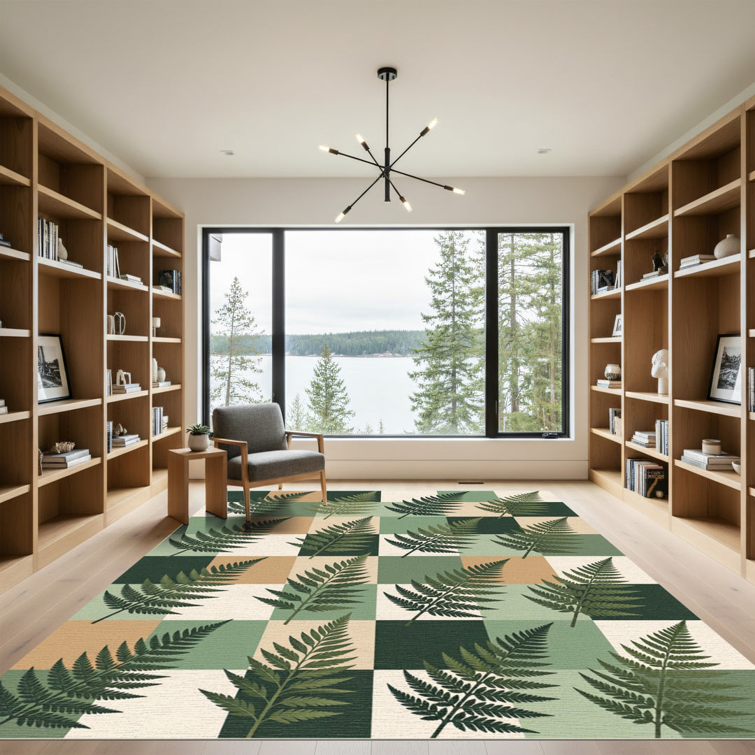 Fern Leaf Checkerboard Botanical Rug