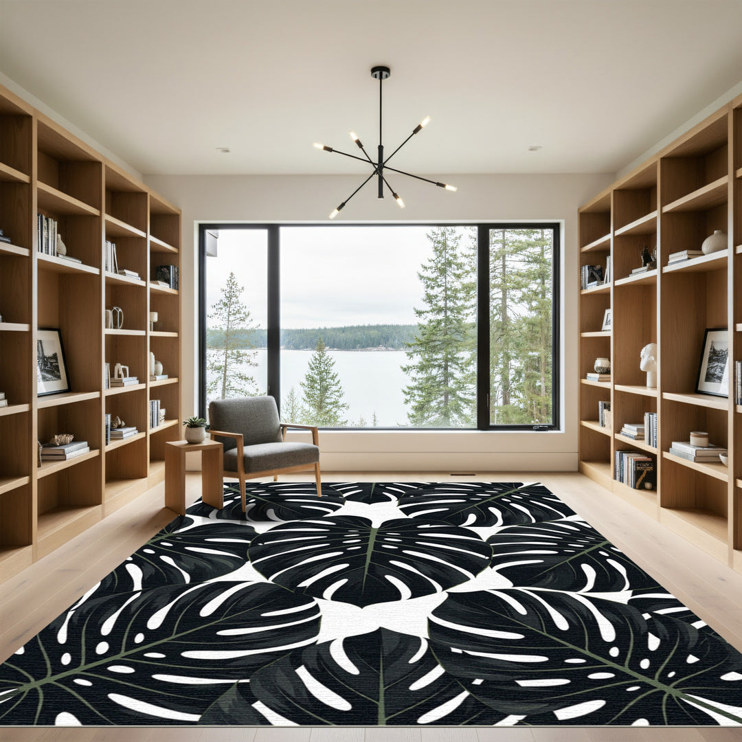 Dark green tropical monstera leaves Rug