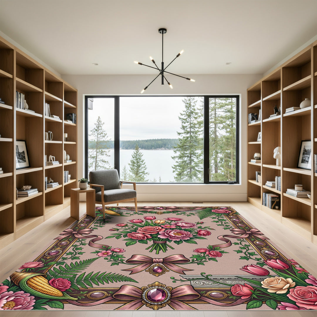 Pink Floral Ribbon Border Bouquet Rug