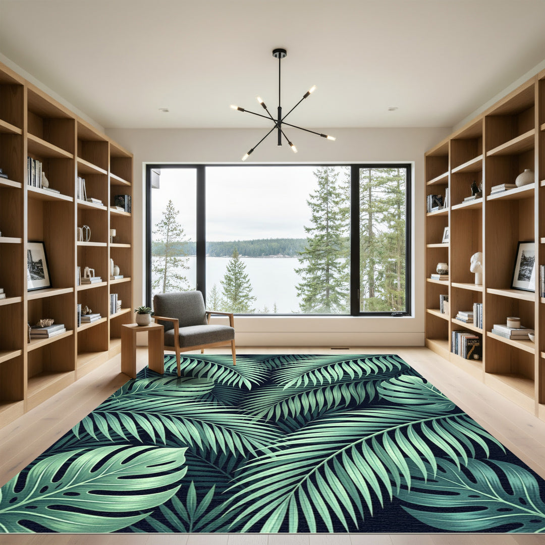 Shaded Teal Tropical Palm Leaf Rug