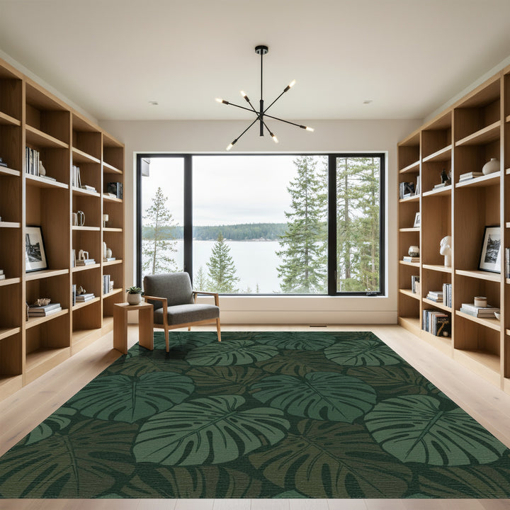 Deep Forest Monstera Leaf Arrangement Rug