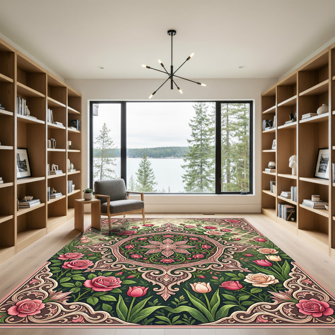 Ornate Pink Rose Garden Medallion Rug