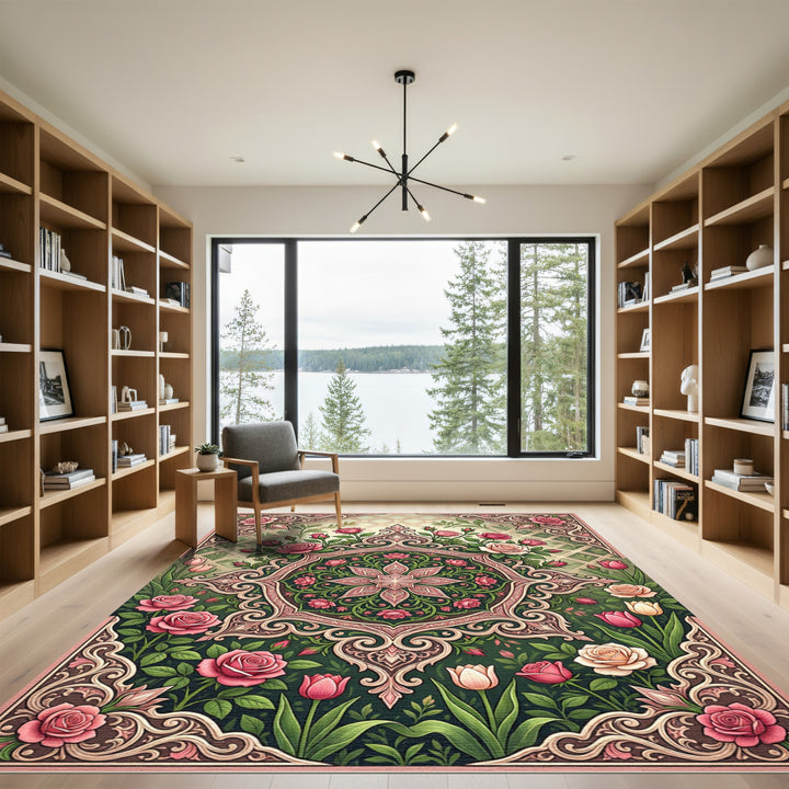 Ornate Pink Rose Garden Medallion Rug
