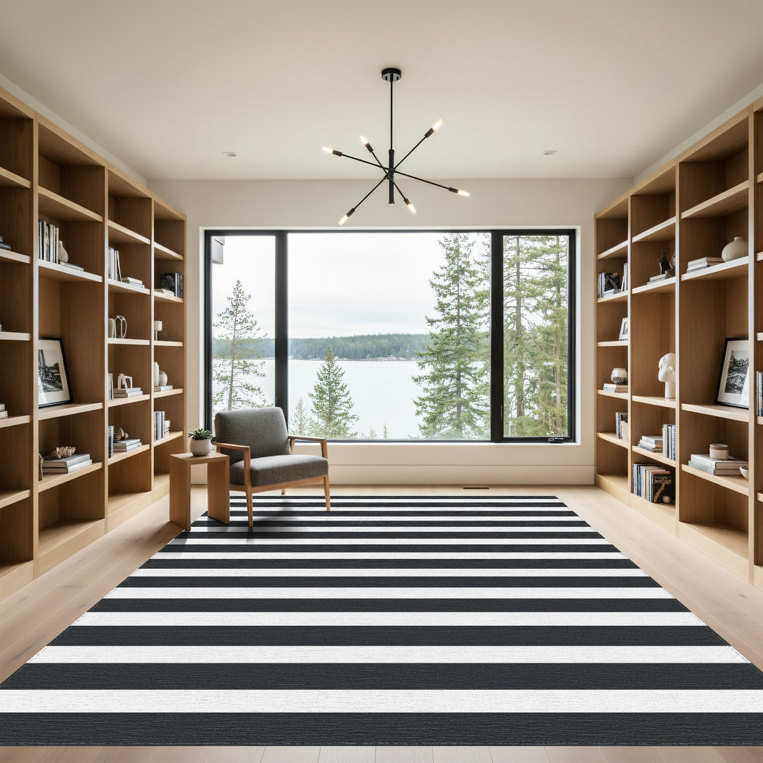 Classic Black White Horizontal Stripes Rug