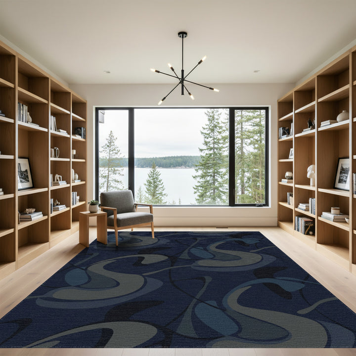 Modern Navy Swirl Abstract Rug