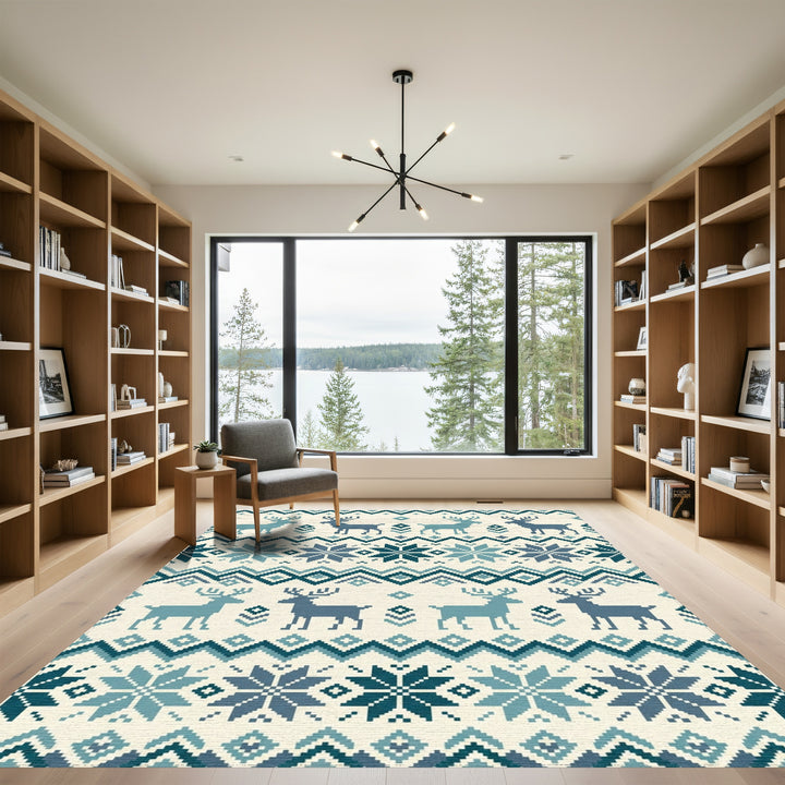 Blue Teal Fair Isle Deer Snowflakes Rug