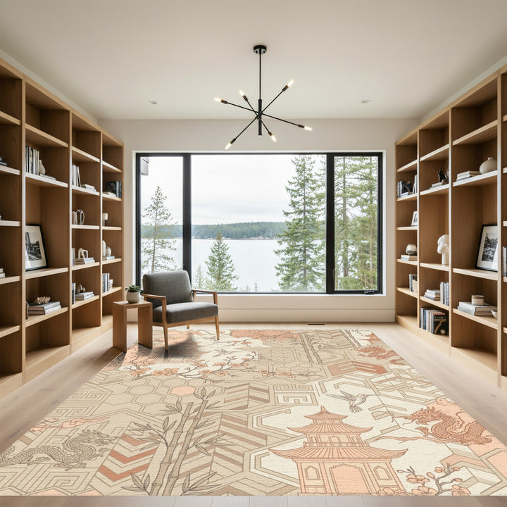 Nectarine Peach Pagoda Dragon Collage Rug